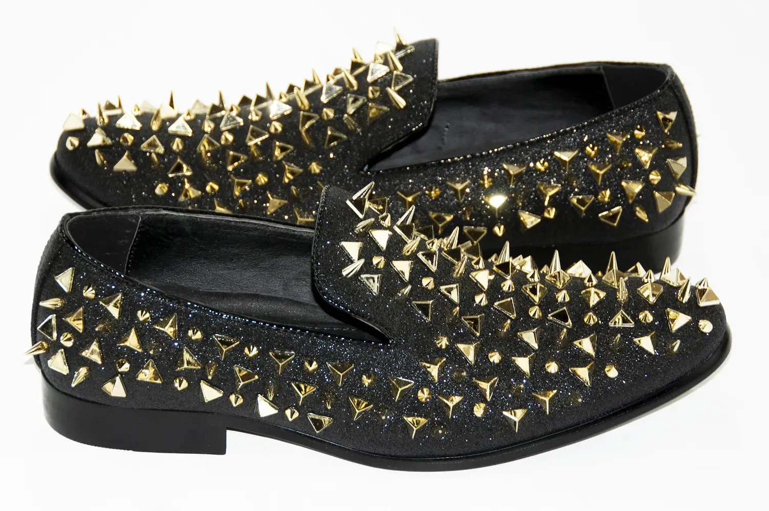 Black & Gold Glittered Spiked Loafers
