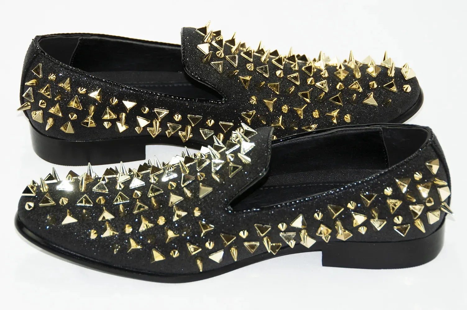 Black & Gold Glittered Spiked Loafers