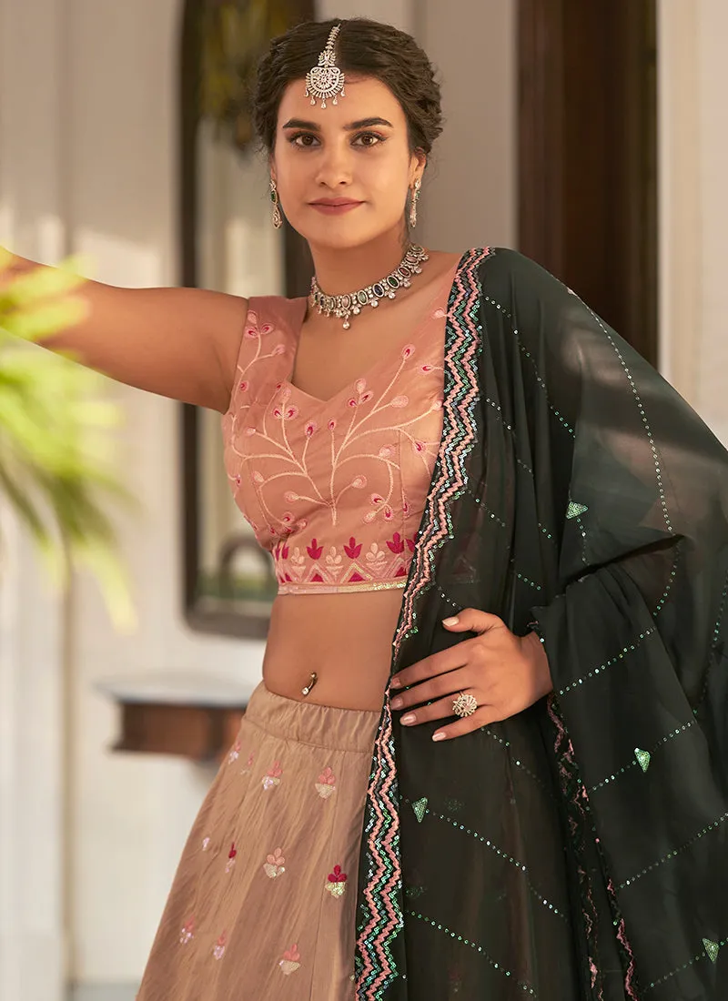 Black And Peach Multi Embroidery Ombré Silk Lehenga Choli