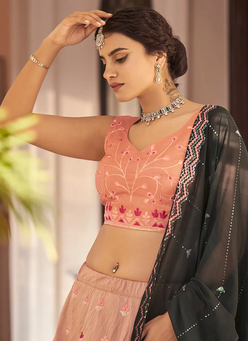 Black And Peach Multi Embroidery Ombré Silk Lehenga Choli