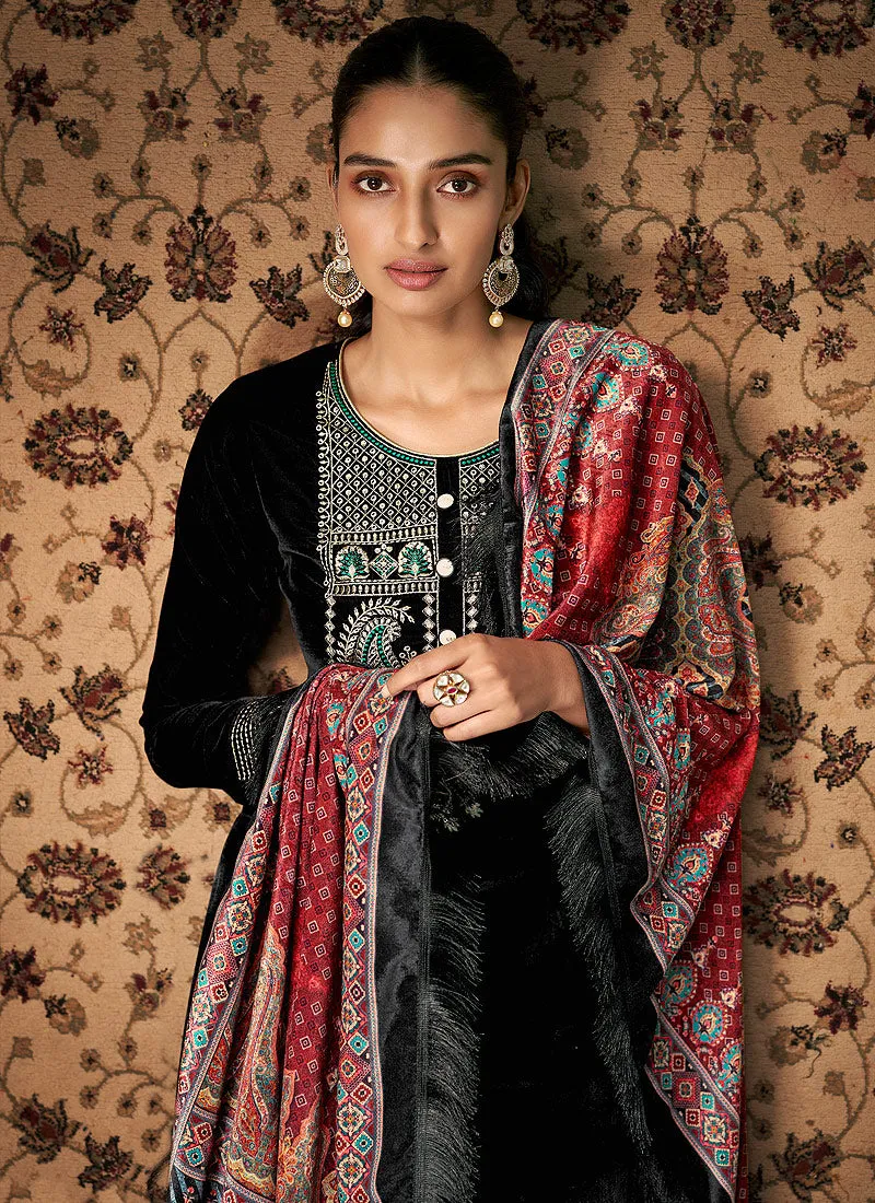 Black And Red Velvet Pakistani Suit