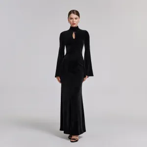 Black High Neck Flared Sleeve Velvet Dress