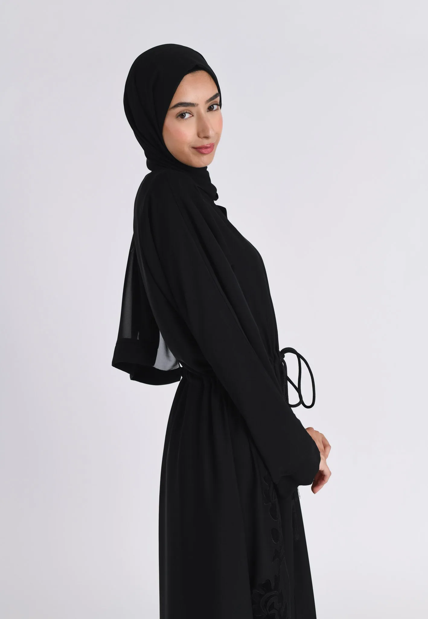 Black Intricate Velvet Motif Umbrella Cut Abaya (Premium)