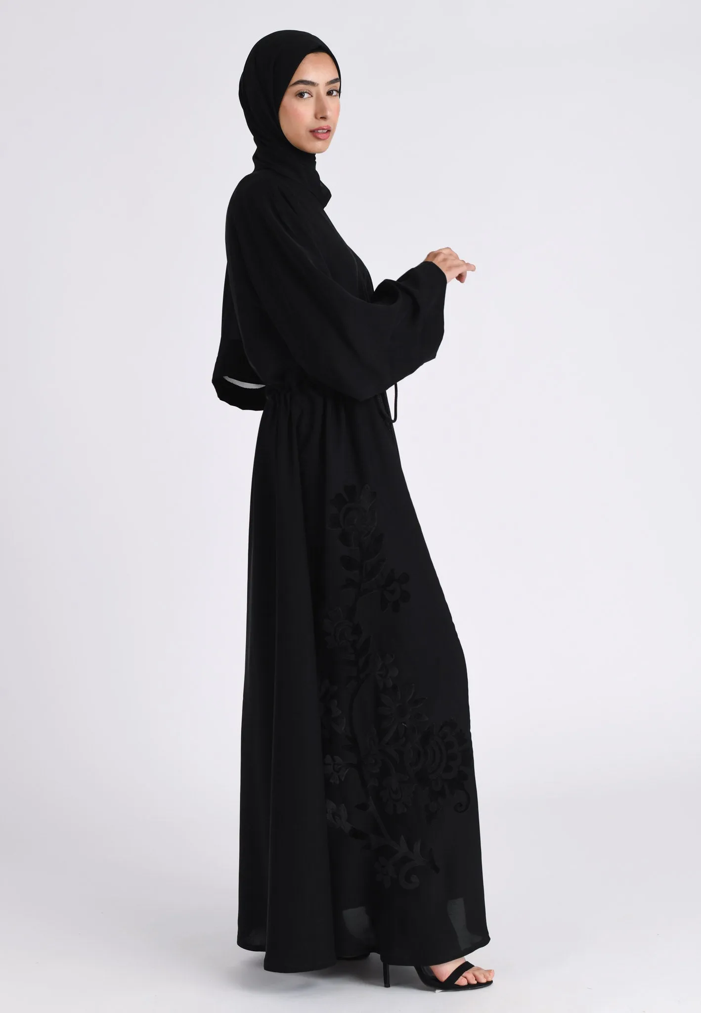 Black Intricate Velvet Motif Umbrella Cut Abaya (Premium)