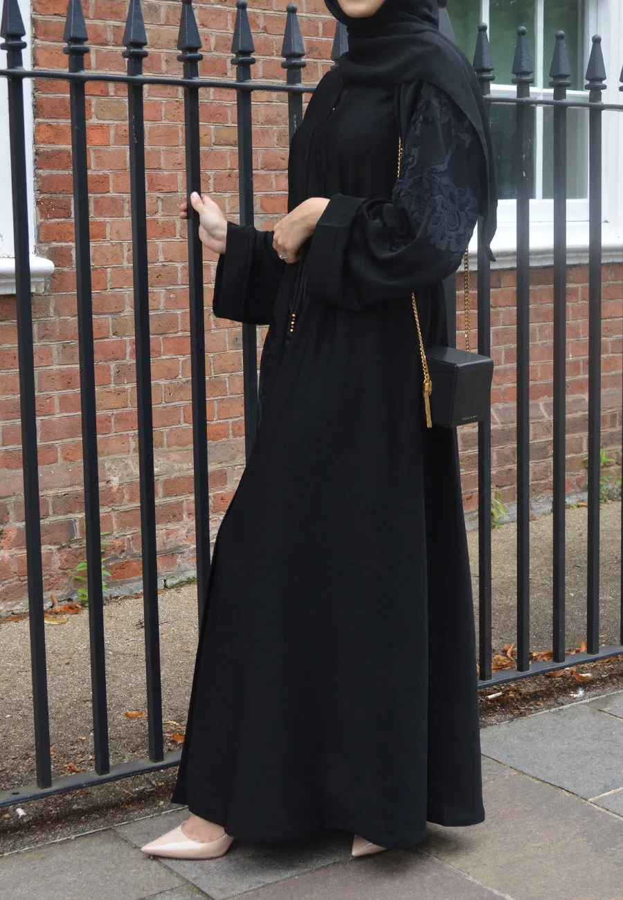 Black Intricate Velvet Motif Umbrella Cut Abaya (Premium)