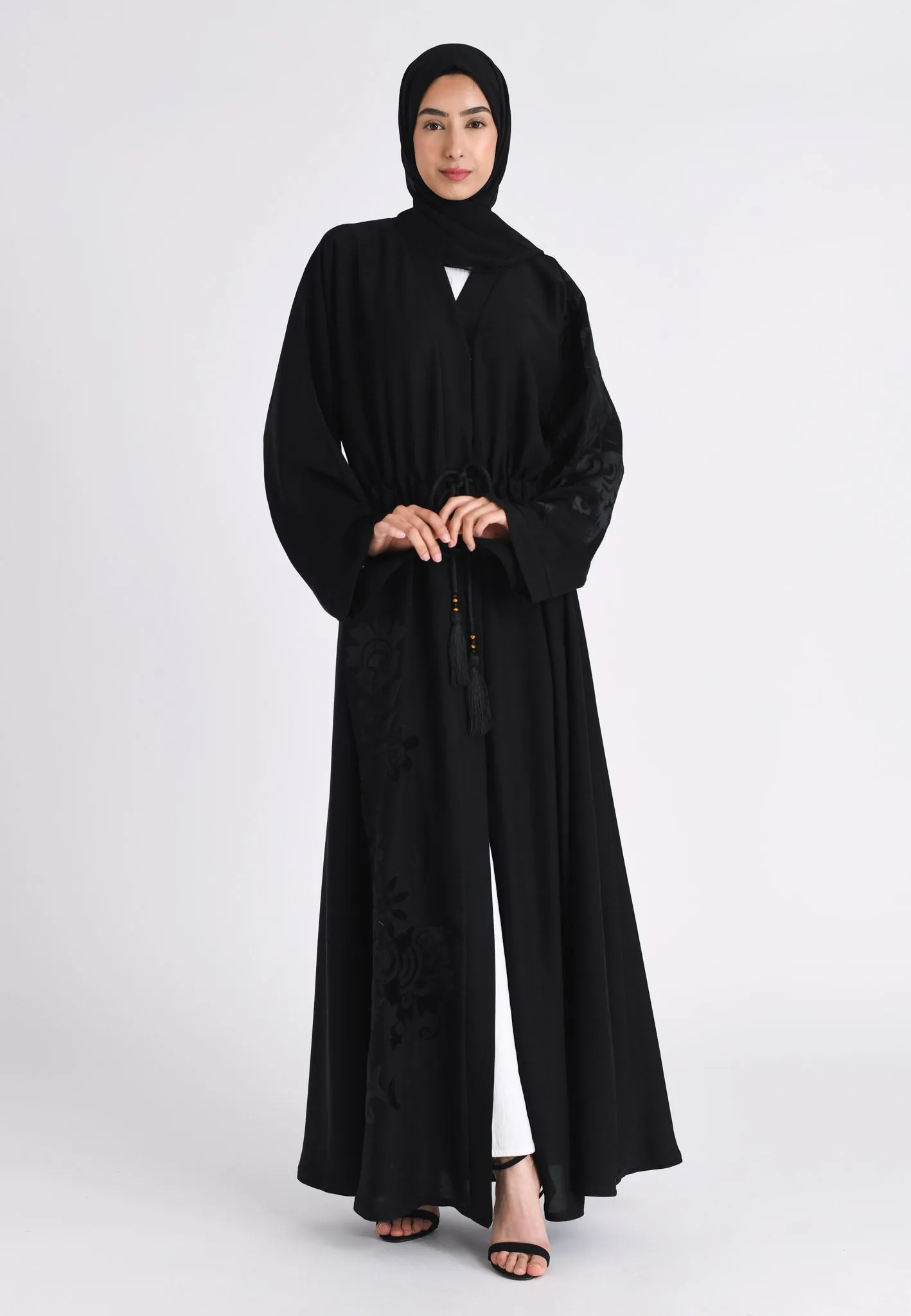 Black Intricate Velvet Motif Umbrella Cut Abaya (Premium)