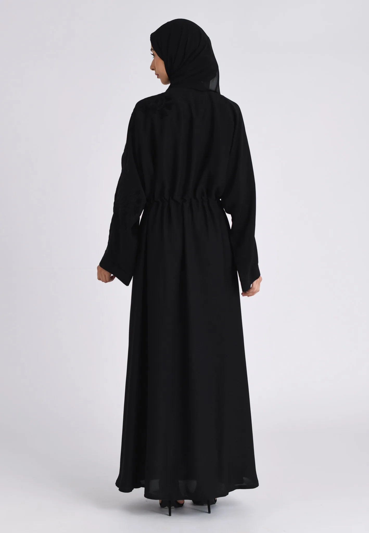Black Intricate Velvet Motif Umbrella Cut Abaya (Premium)