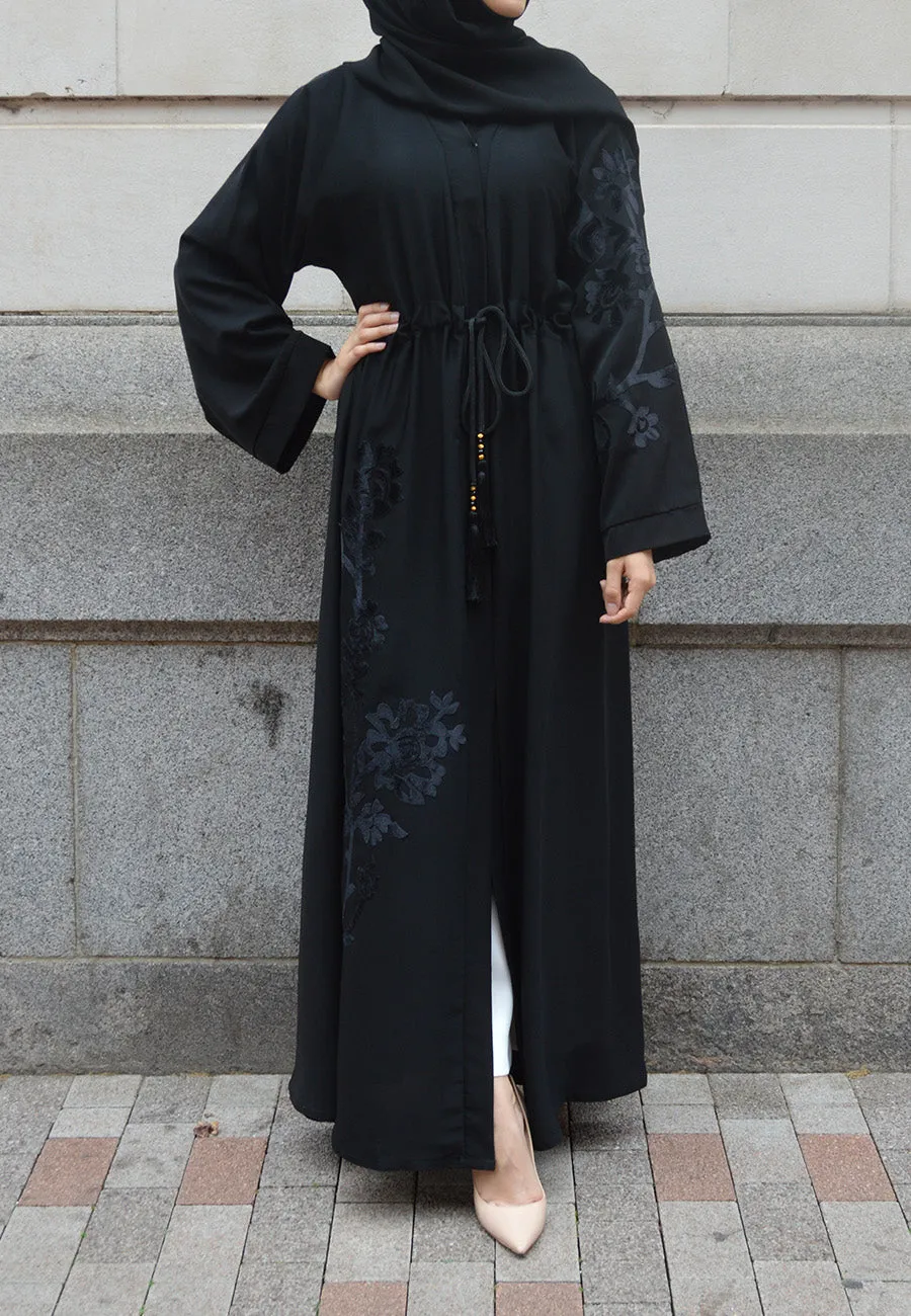 Black Intricate Velvet Motif Umbrella Cut Abaya (Premium)