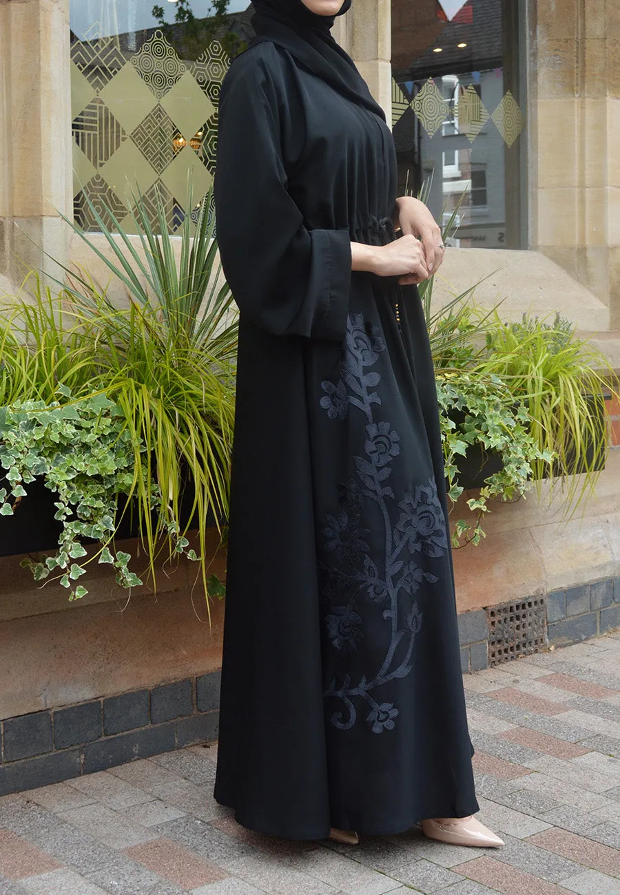 Black Intricate Velvet Motif Umbrella Cut Abaya (Premium)