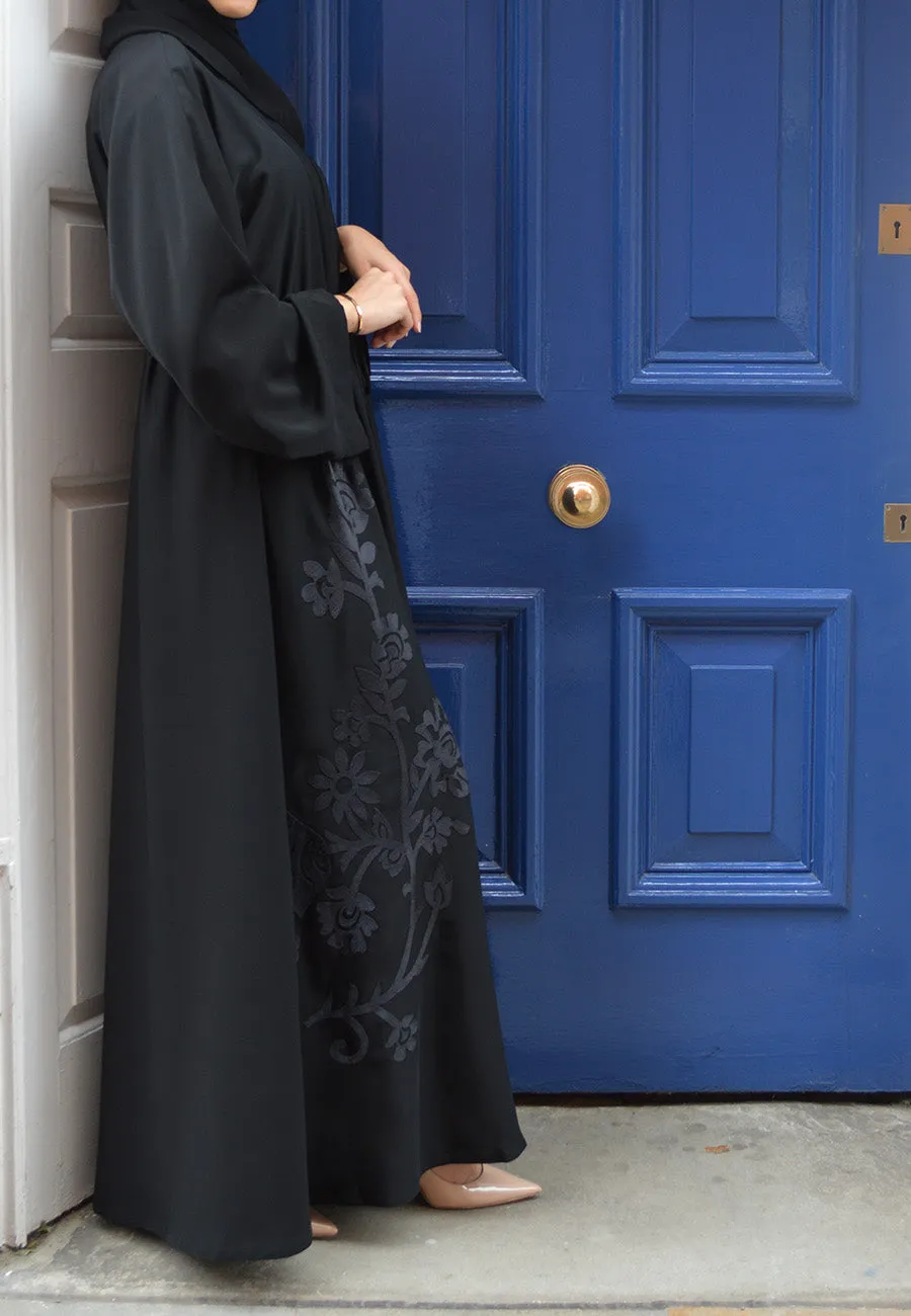 Black Intricate Velvet Motif Umbrella Cut Abaya (Premium)