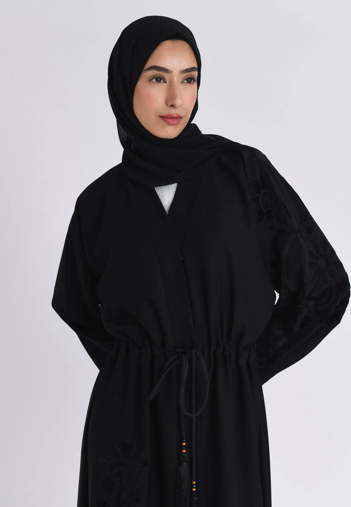 Black Intricate Velvet Motif Umbrella Cut Abaya (Premium)