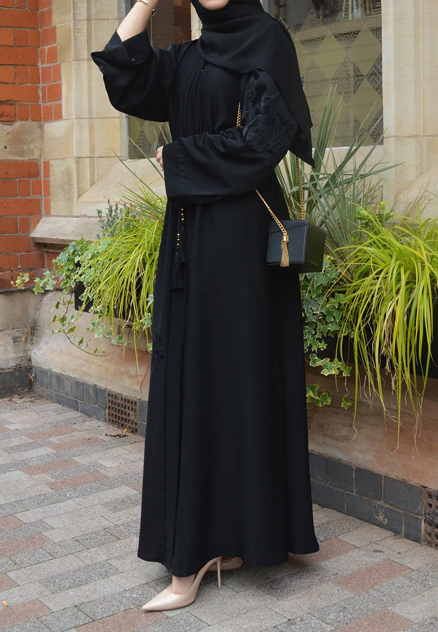 Black Intricate Velvet Motif Umbrella Cut Abaya (Premium)
