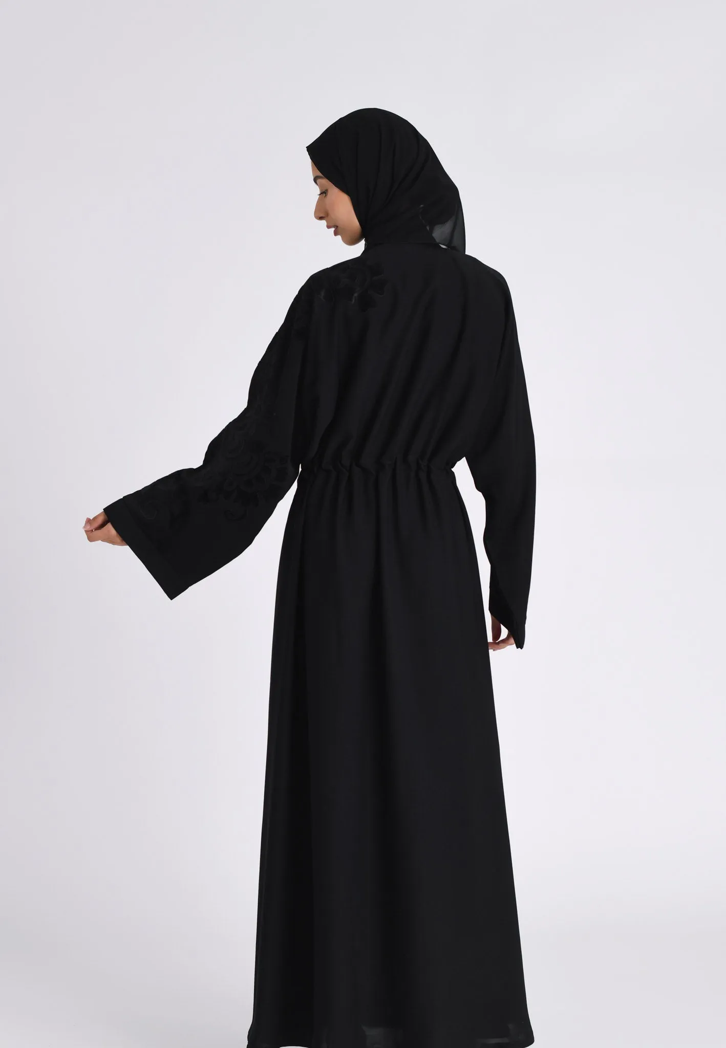 Black Intricate Velvet Motif Umbrella Cut Abaya (Premium)