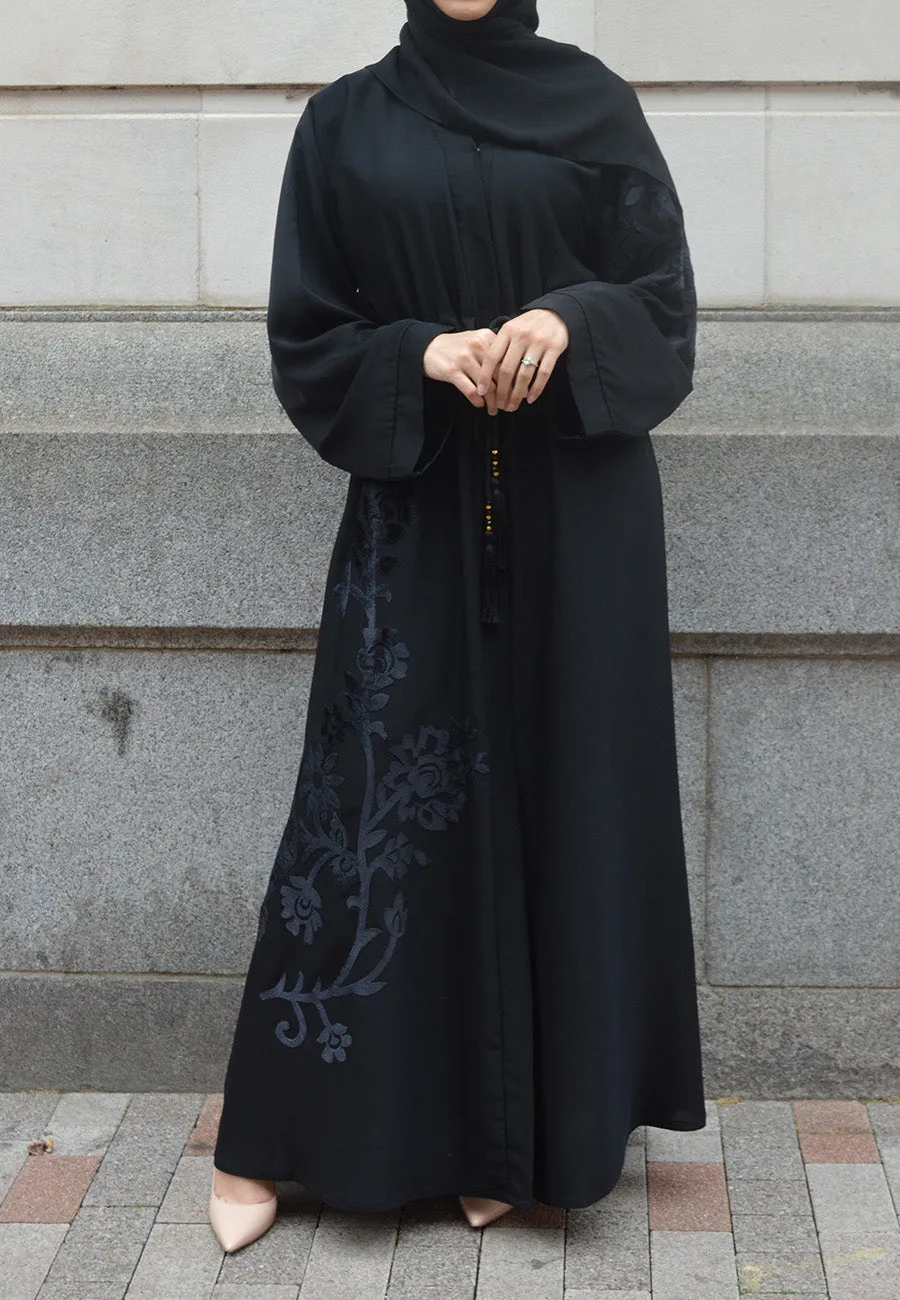 Black Intricate Velvet Motif Umbrella Cut Abaya (Premium)