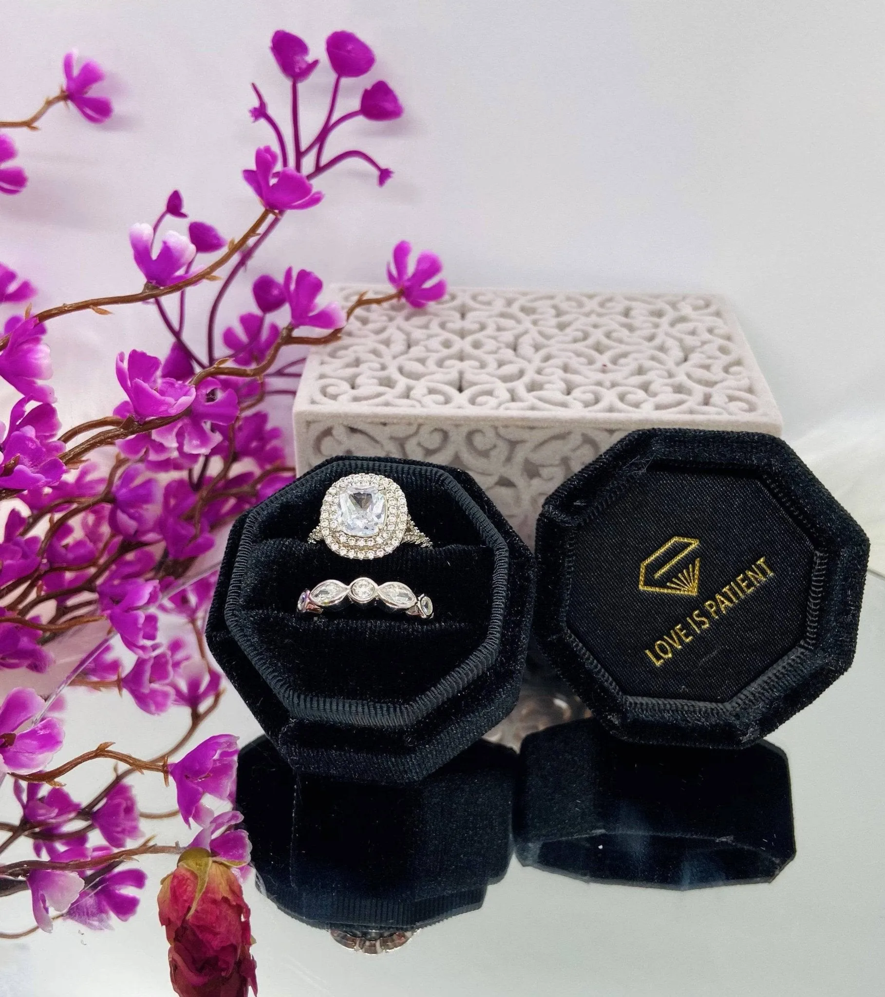 Black Love Is Patient Double Ring Slots Octagon Velvet Ring Box