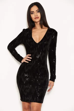 Black Plunge Mini Dress With Sequin Detail