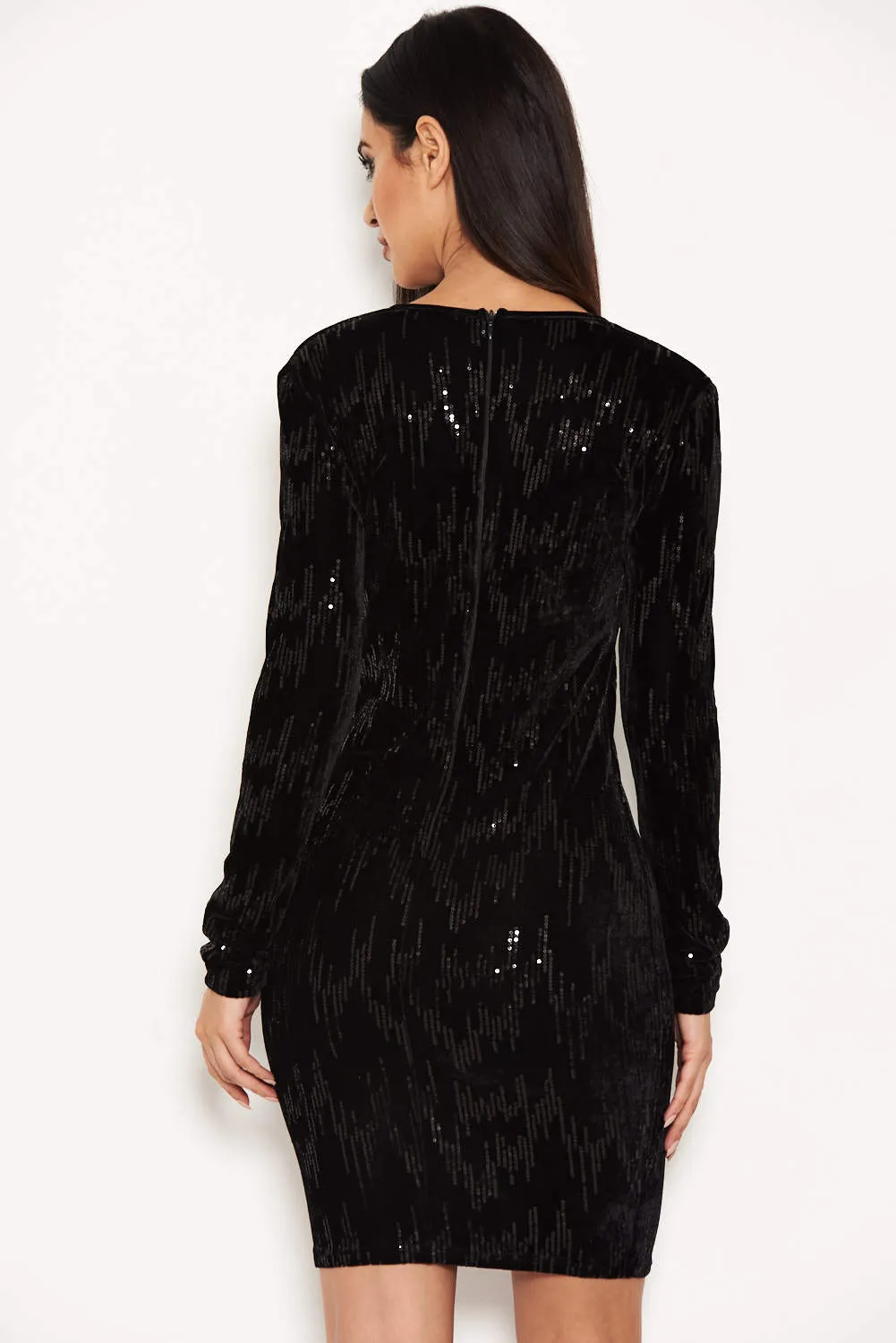 Black Plunge Mini Dress With Sequin Detail