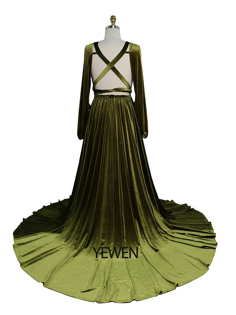 Black V Neck Velvet Evening Dress Long Sleeves Stretch Waist Side Slit Photo Shoot Dress Maternity Gowns YD211012