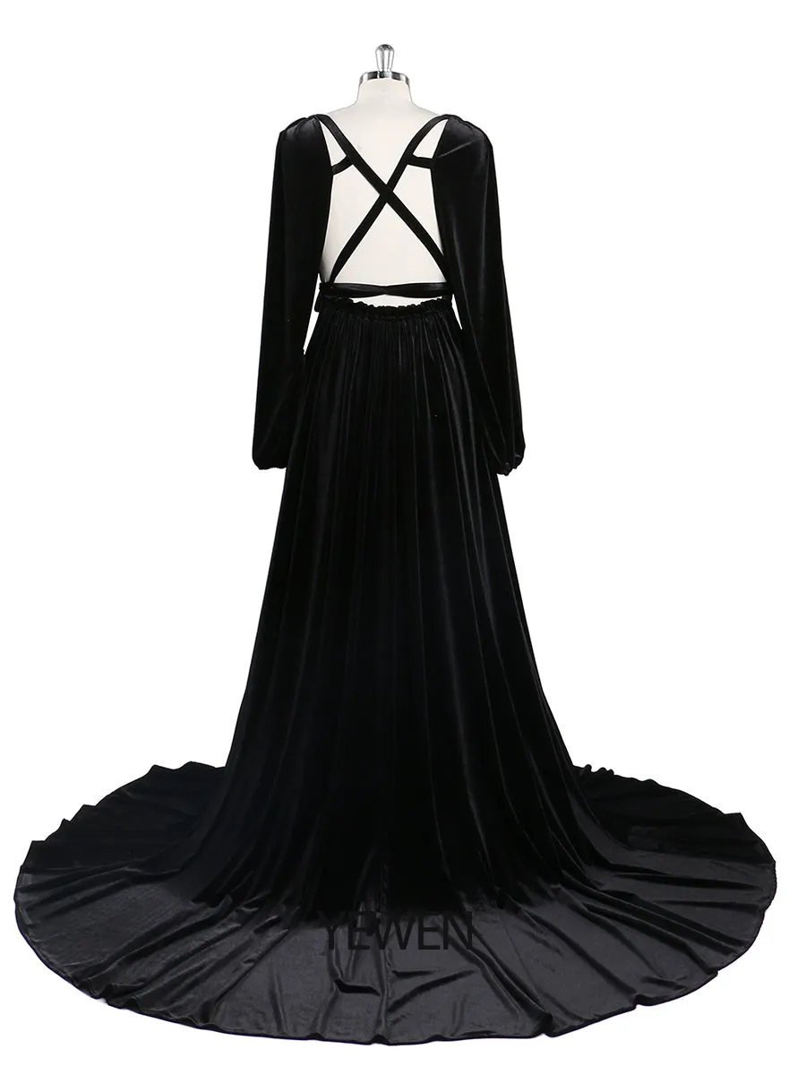 Black V Neck Velvet Evening Dress Long Sleeves Stretch Waist Side Slit Photo Shoot Dress Maternity Gowns YD211012