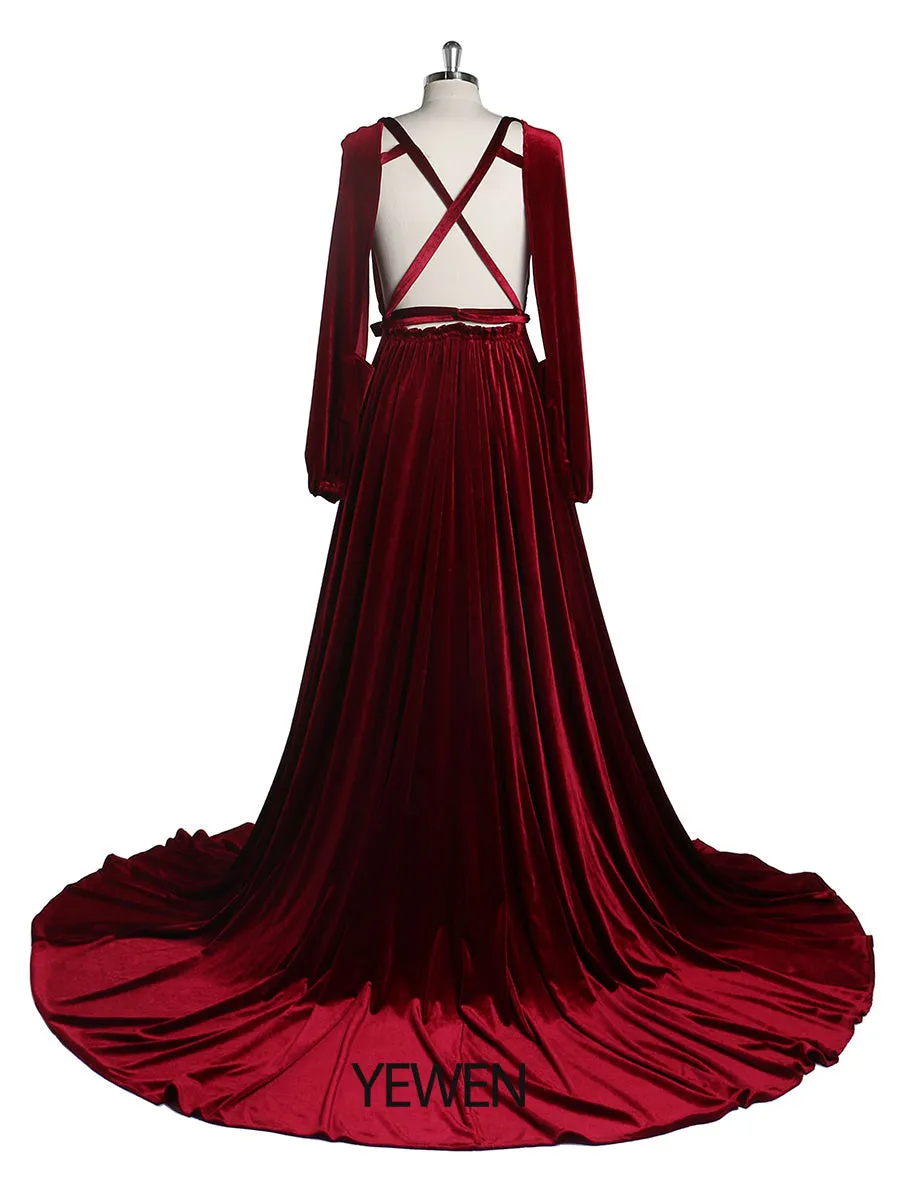 Black V Neck Velvet Evening Dress Long Sleeves Stretch Waist Side Slit Photo Shoot Dress Maternity Gowns YD211012