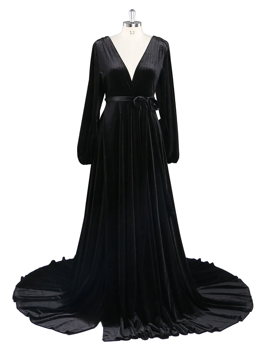 Black V Neck Velvet Evening Dress Long Sleeves Stretch Waist Side Slit Photo Shoot Dress Maternity Gowns YD211012