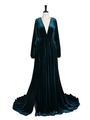 Black V Neck Velvet Evening Dress Long Sleeves Stretch Waist Side Slit Photo Shoot Dress Maternity Gowns YD211012