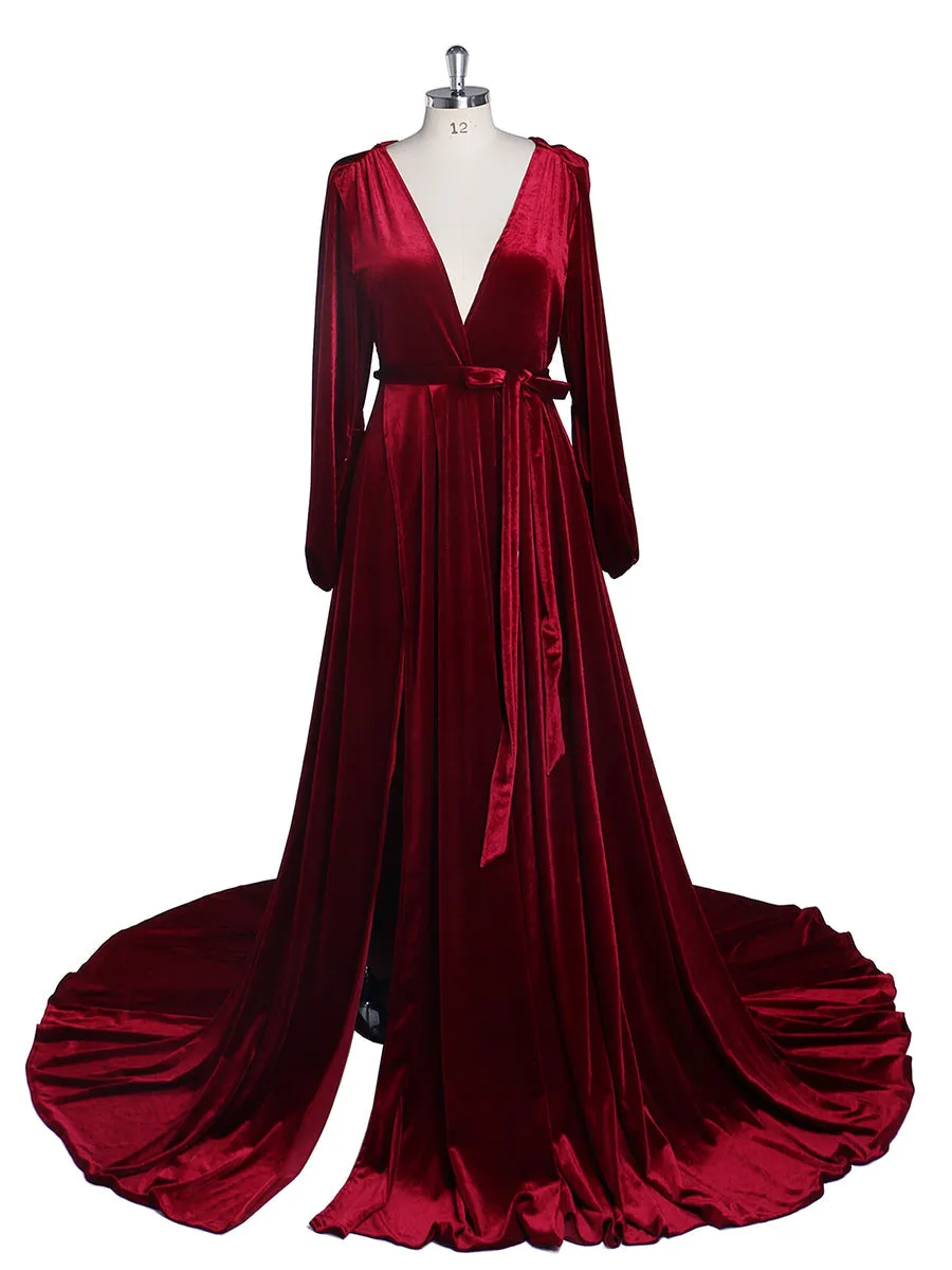 Black V Neck Velvet Evening Dress Long Sleeves Stretch Waist Side Slit Photo Shoot Dress Maternity Gowns YD211012