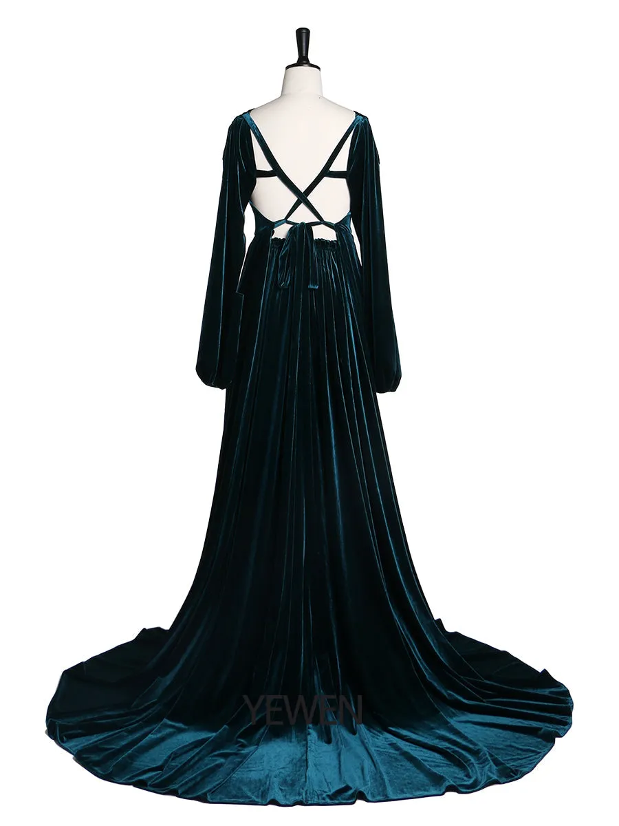 Black V Neck Velvet Evening Dress Long Sleeves Stretch Waist Side Slit Photo Shoot Dress Maternity Gowns YD211012