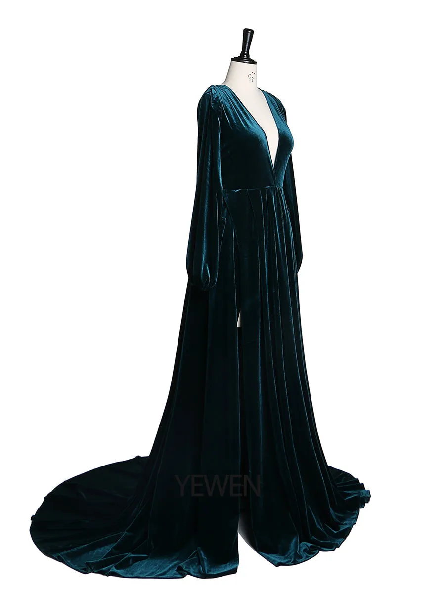 Black V Neck Velvet Evening Dress Long Sleeves Stretch Waist Side Slit Photo Shoot Dress Maternity Gowns YD211012