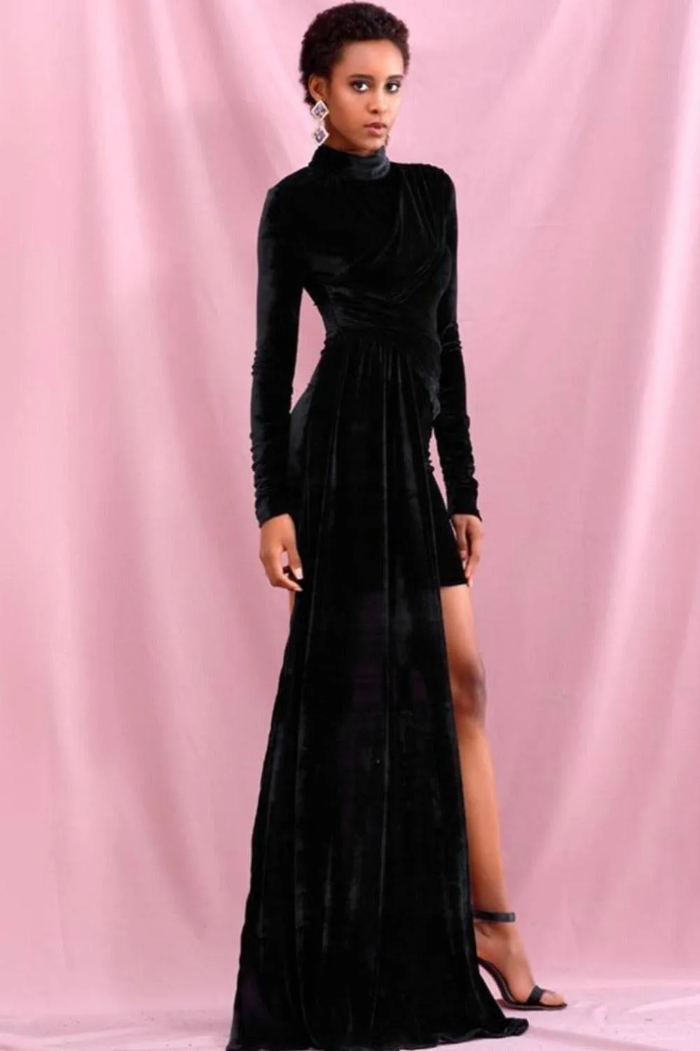Black Velvet Bodycon Mini Dress With Train