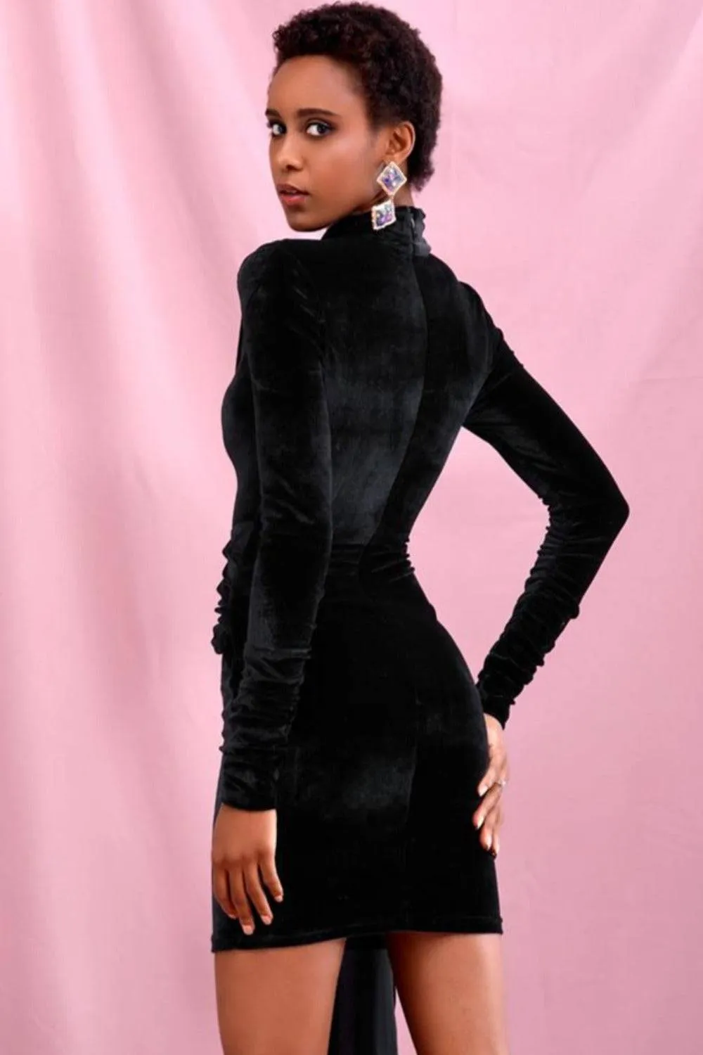 Black Velvet Bodycon Mini Dress With Train