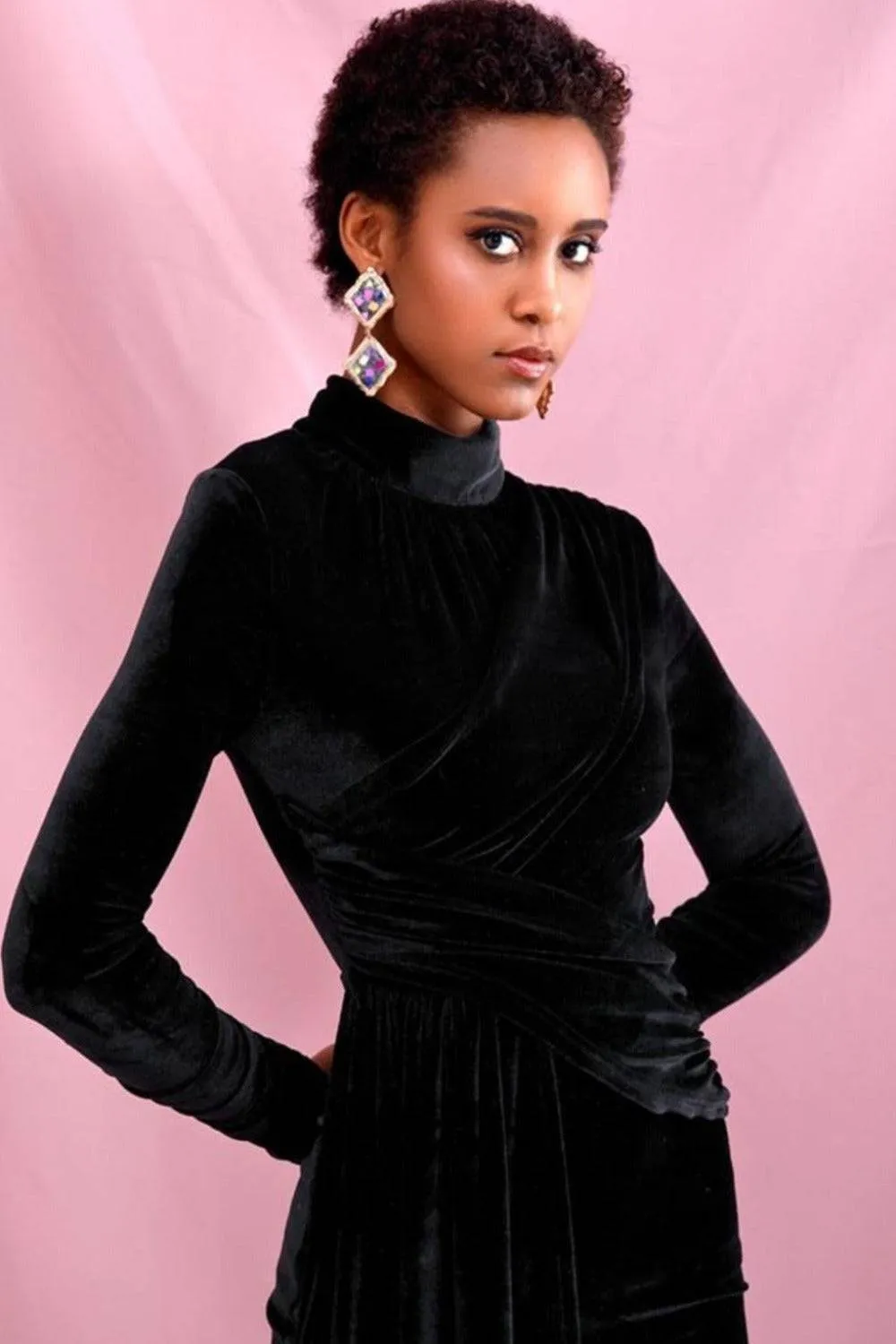 Black Velvet Bodycon Mini Dress With Train