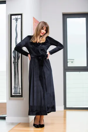 Black Velvet Dress, Wrap Dress, Elegant Dress, Formal Dress, Belt Dress, Long Sleeve Dress, Valentine's Dress, Loose Dress, Evening