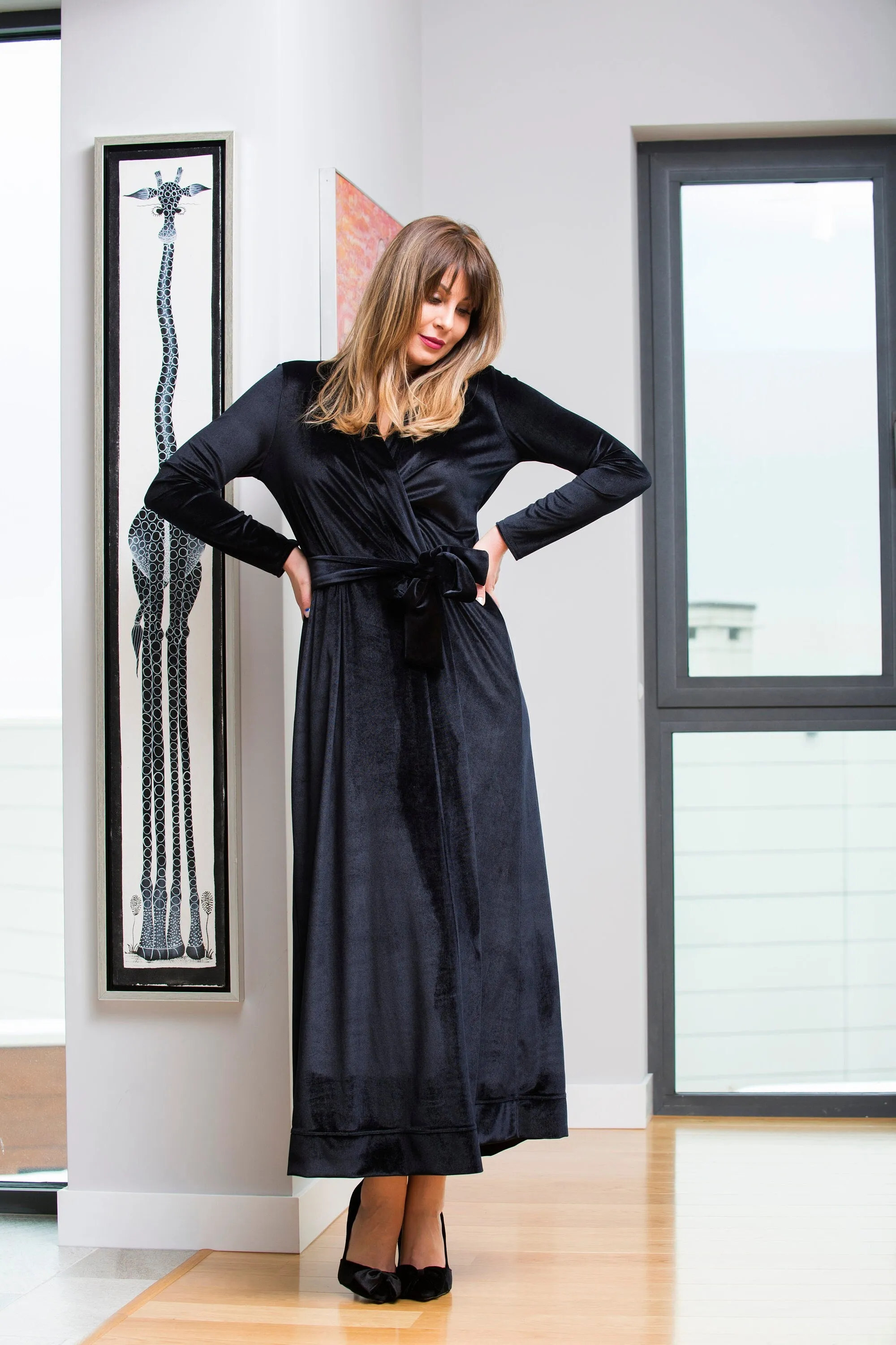 Black Velvet Dress, Wrap Dress, Elegant Dress, Formal Dress, Belt Dress, Long Sleeve Dress, Valentine's Dress, Loose Dress, Evening