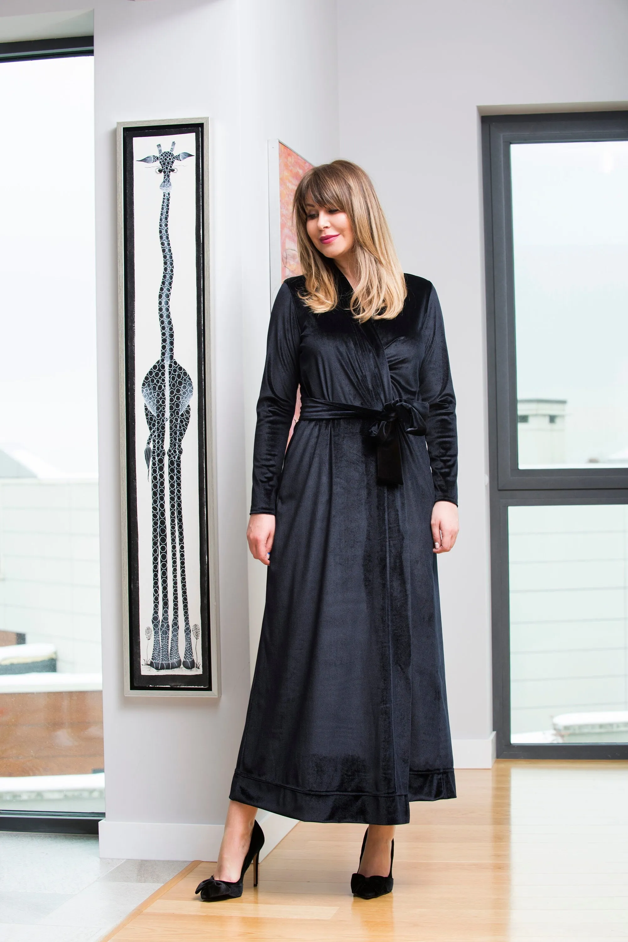 Black Velvet Dress, Wrap Dress, Elegant Dress, Formal Dress, Belt Dress, Long Sleeve Dress, Valentine's Dress, Loose Dress, Evening