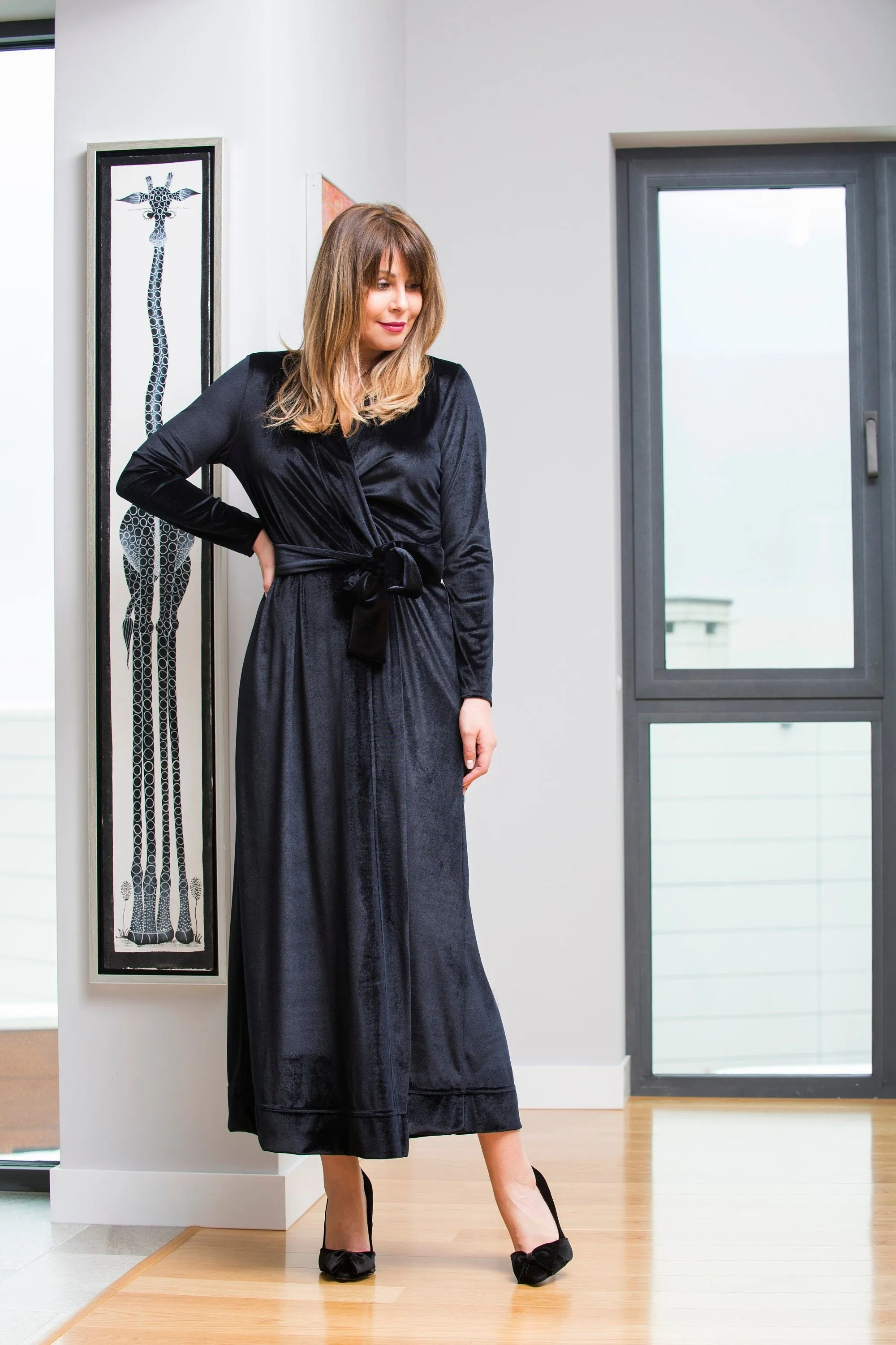 Black Velvet Dress, Wrap Dress, Elegant Dress, Formal Dress, Belt Dress, Long Sleeve Dress, Valentine's Dress, Loose Dress, Evening