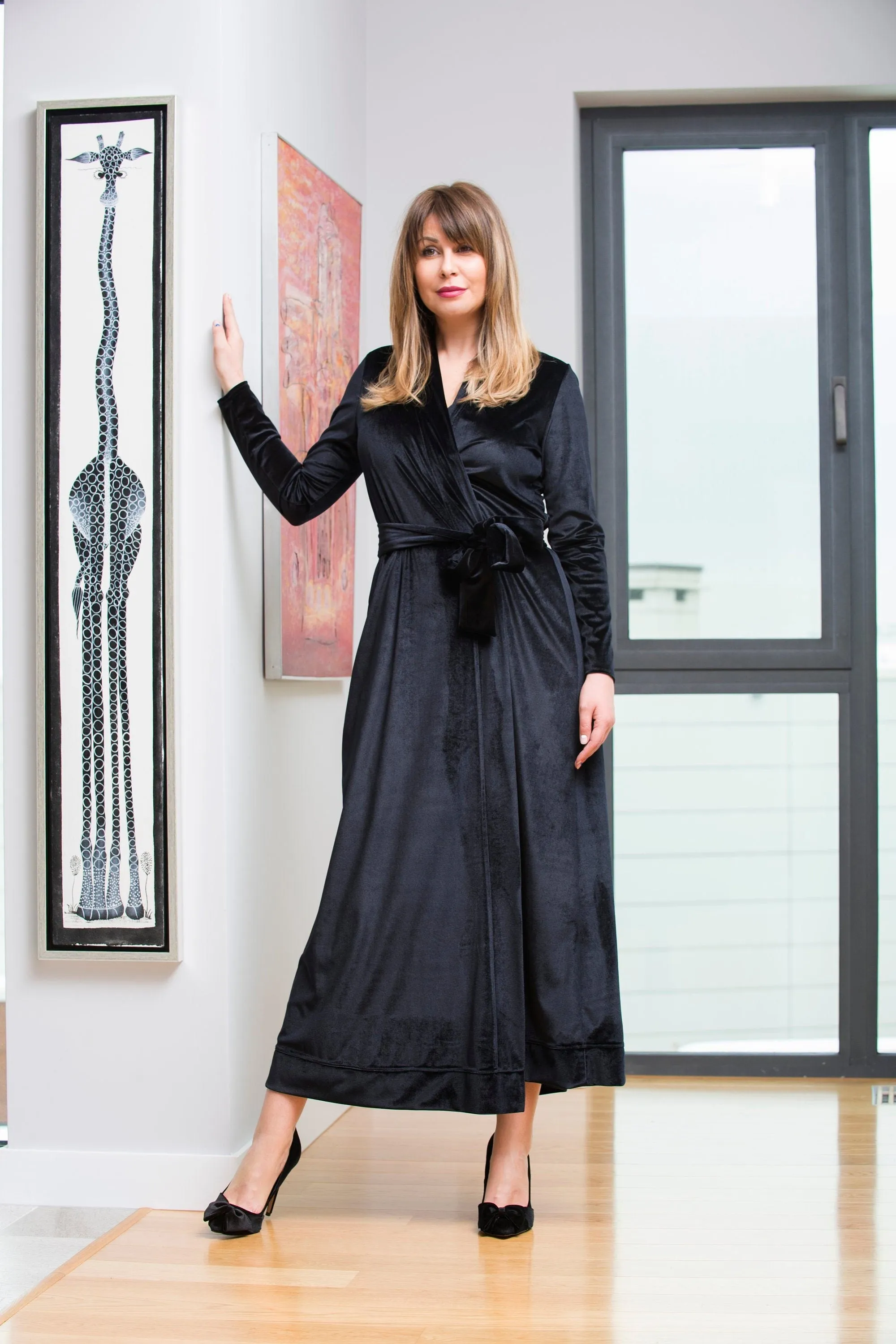 Black Velvet Dress, Wrap Dress, Elegant Dress, Formal Dress, Belt Dress, Long Sleeve Dress, Valentine's Dress, Loose Dress, Evening