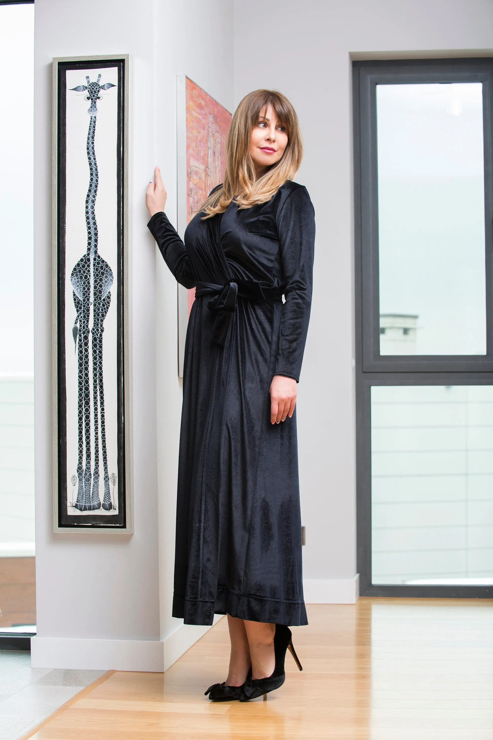 Black Velvet Dress, Wrap Dress, Elegant Dress, Formal Dress, Belt Dress, Long Sleeve Dress, Valentine's Dress, Loose Dress, Evening
