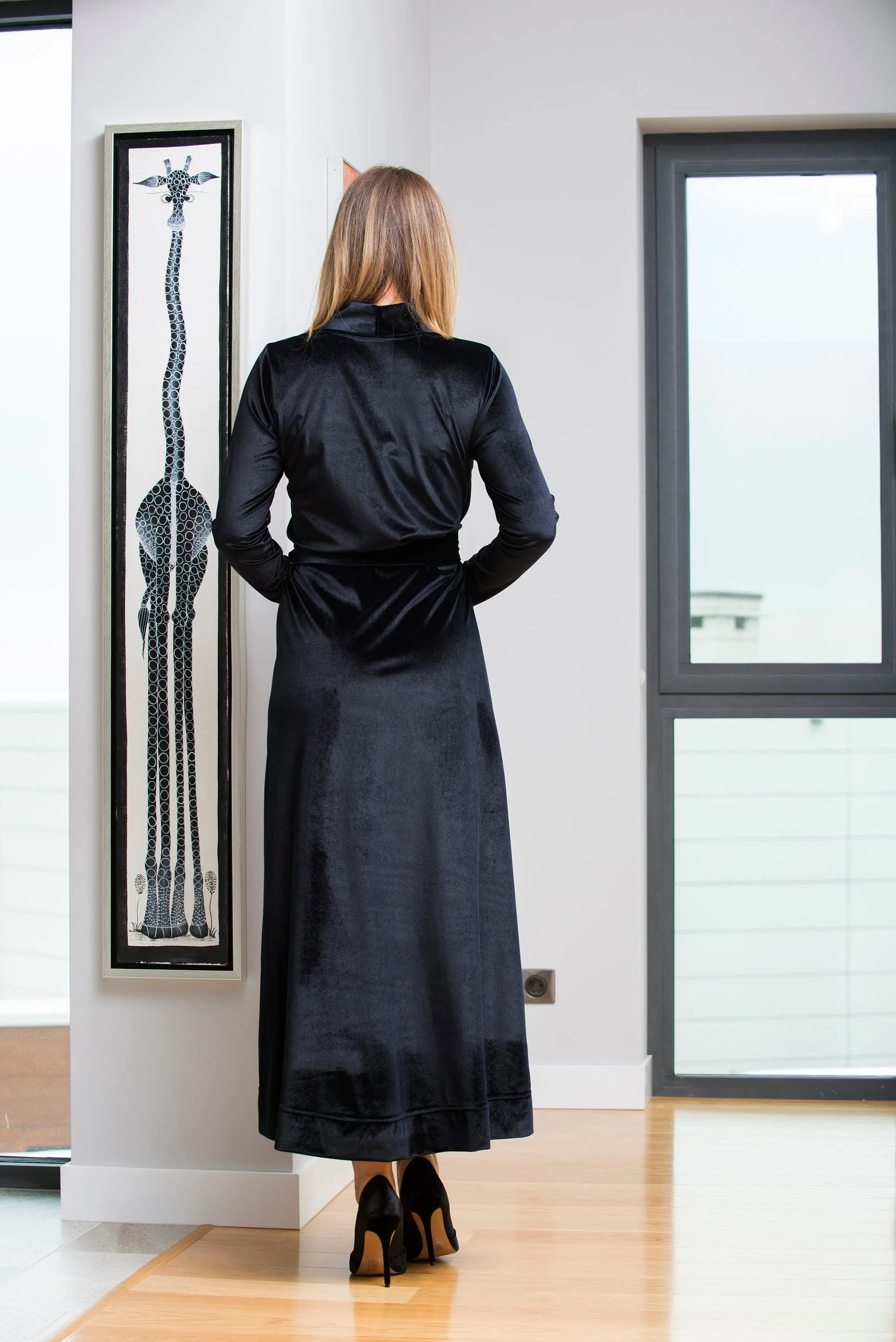 Black Velvet Dress, Wrap Dress, Elegant Dress, Formal Dress, Belt Dress, Long Sleeve Dress, Valentine's Dress, Loose Dress, Evening