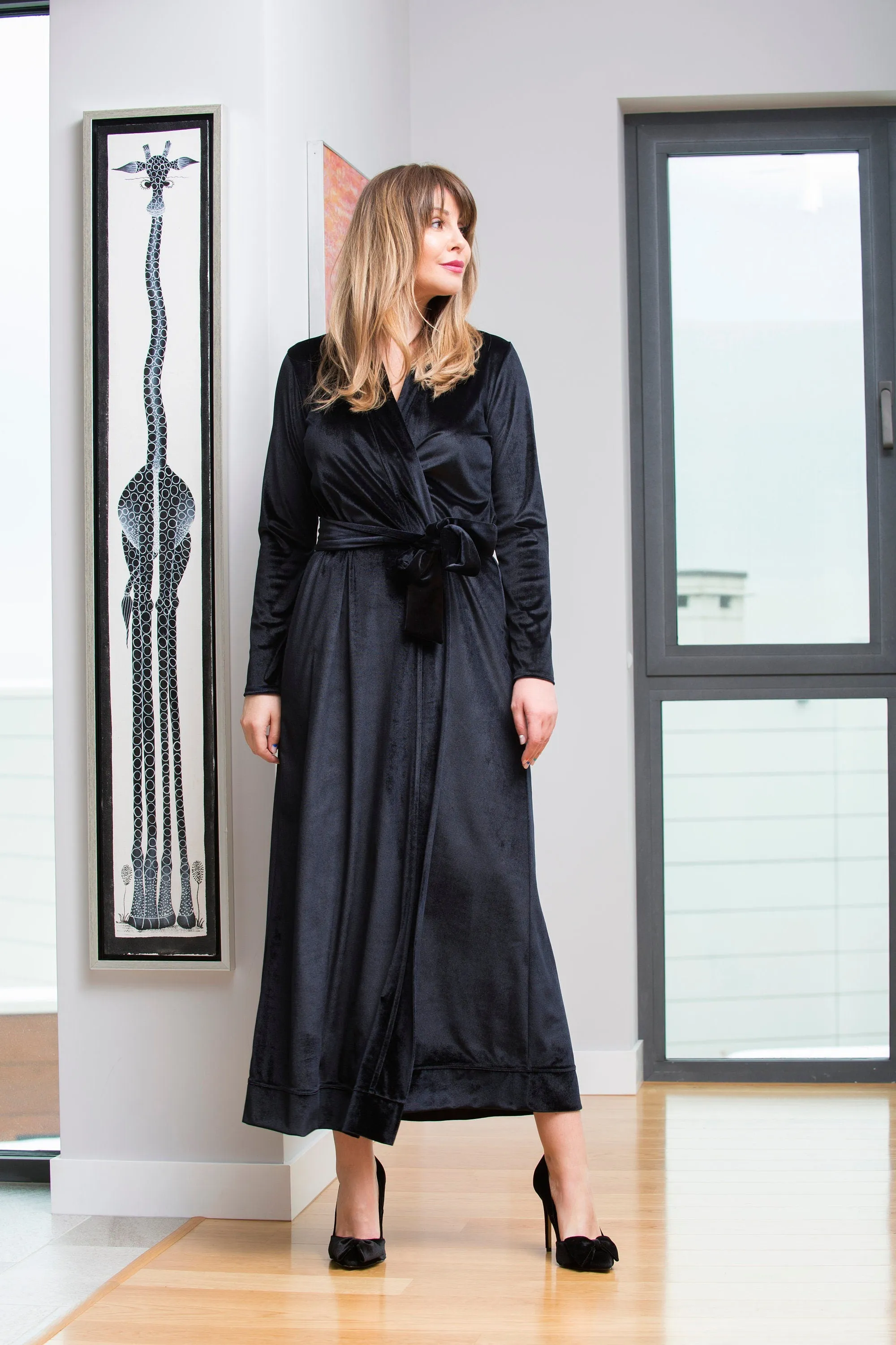 Black Velvet Dress, Wrap Dress, Elegant Dress, Formal Dress, Belt Dress, Long Sleeve Dress, Valentine's Dress, Loose Dress, Evening