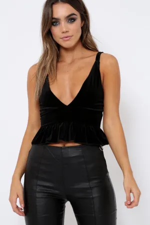 Black Velvet Frill Hem Crop Top - Krissie