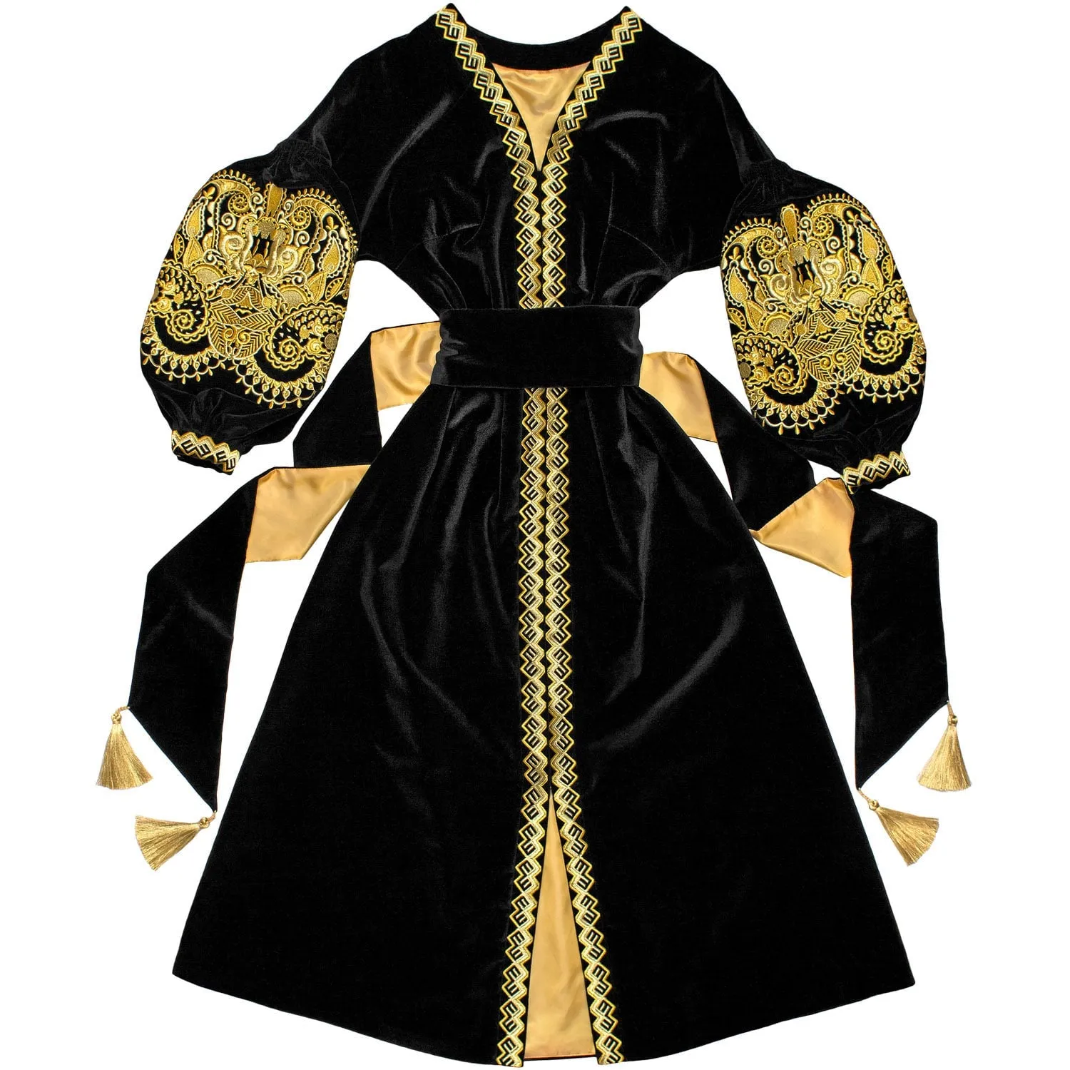 Black velvet kaftan with embroidery
