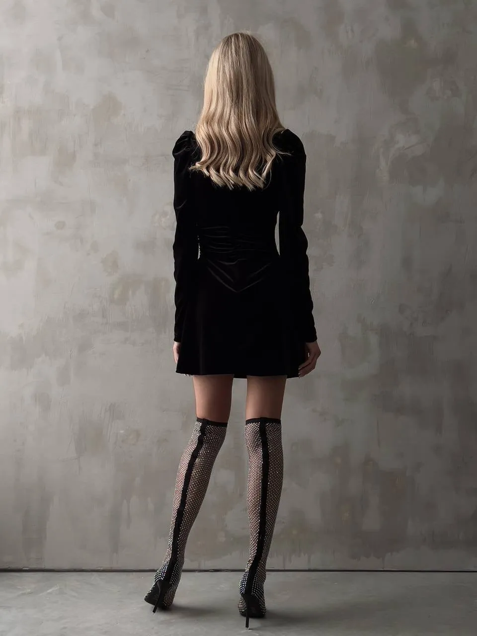 Black Velvet Mini Dress with Lace Details
