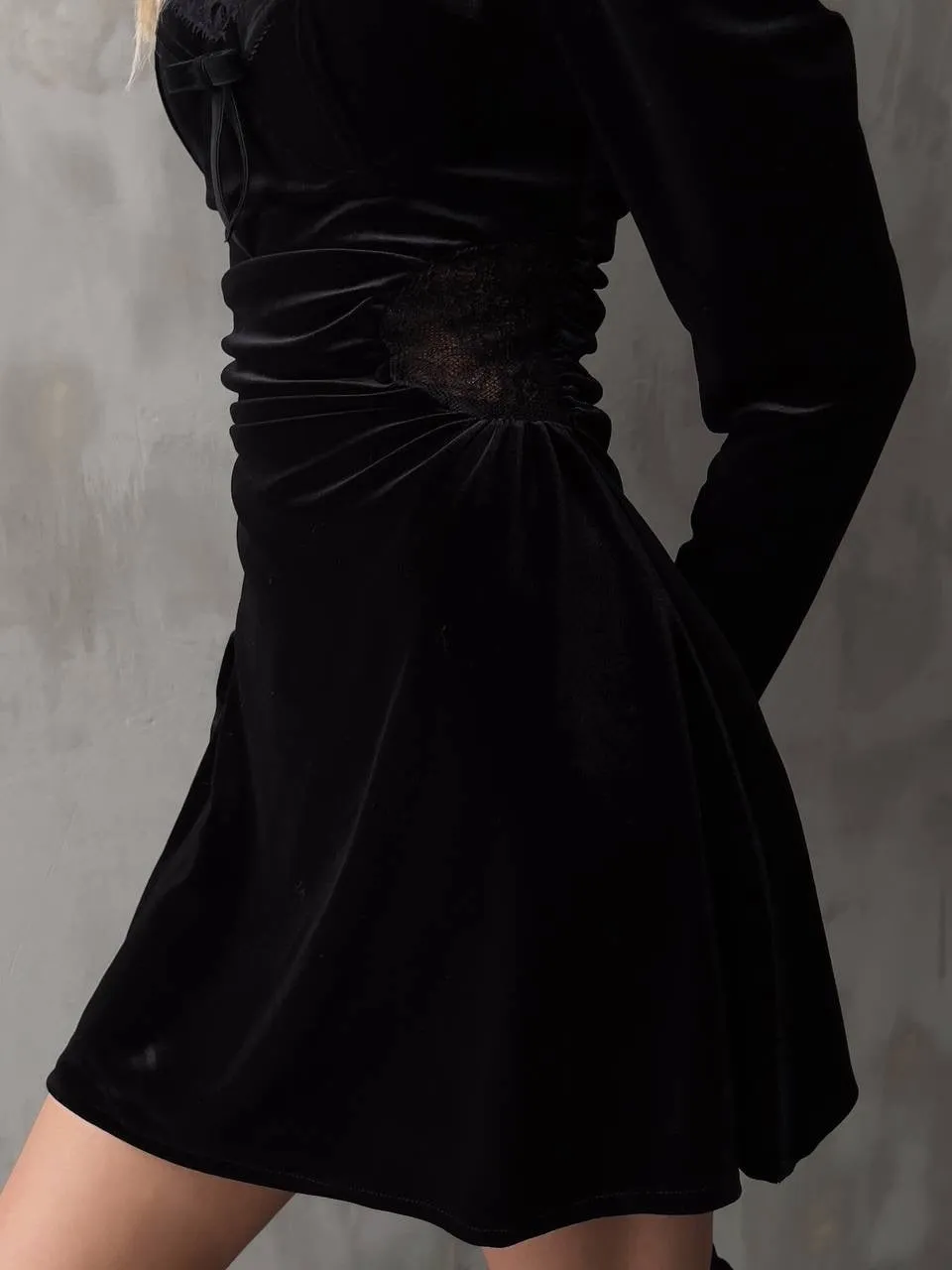 Black Velvet Mini Dress with Lace Details
