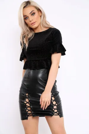 Black Velvet Sparkle Frill Hem Crop Top - Iyannah