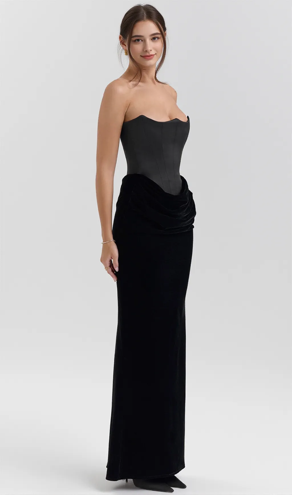 black velvet strapless corset maxi dress