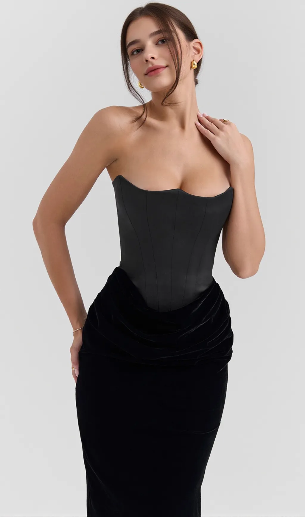 black velvet strapless corset maxi dress