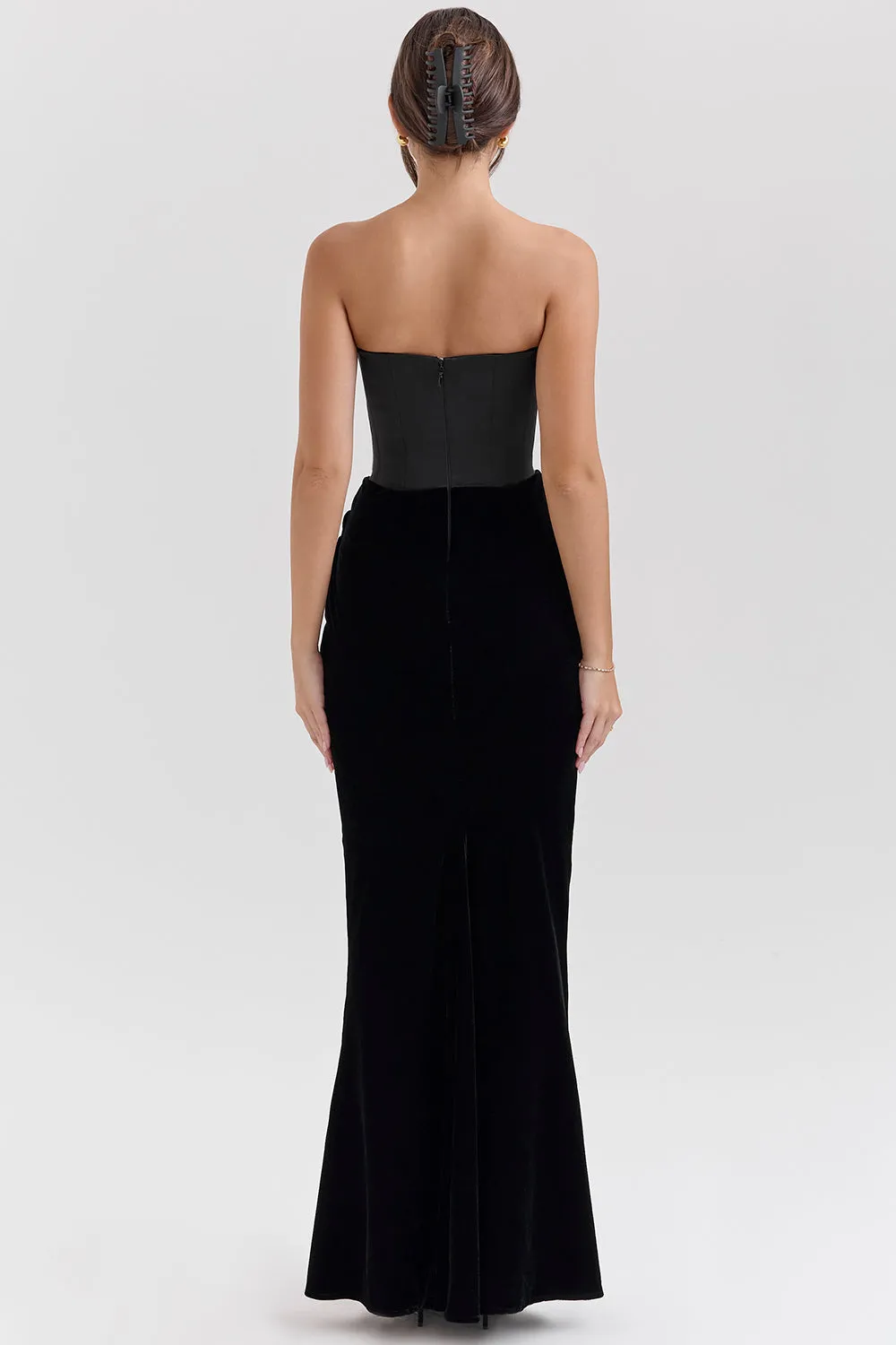 black velvet strapless corset maxi dress