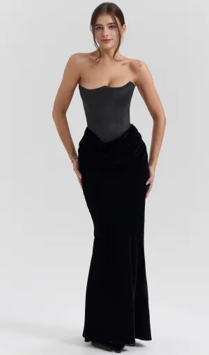 black velvet strapless corset maxi dress