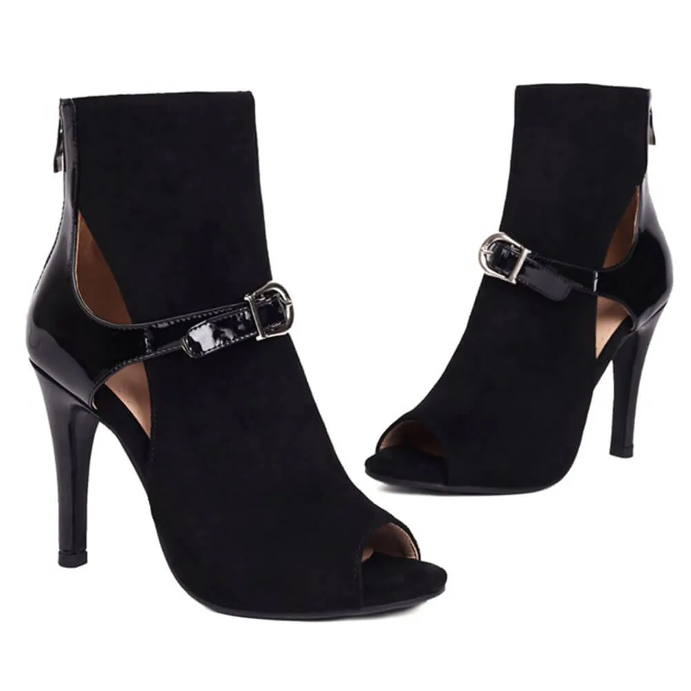 Black Women's Simple Buckle High-Heeled Boots